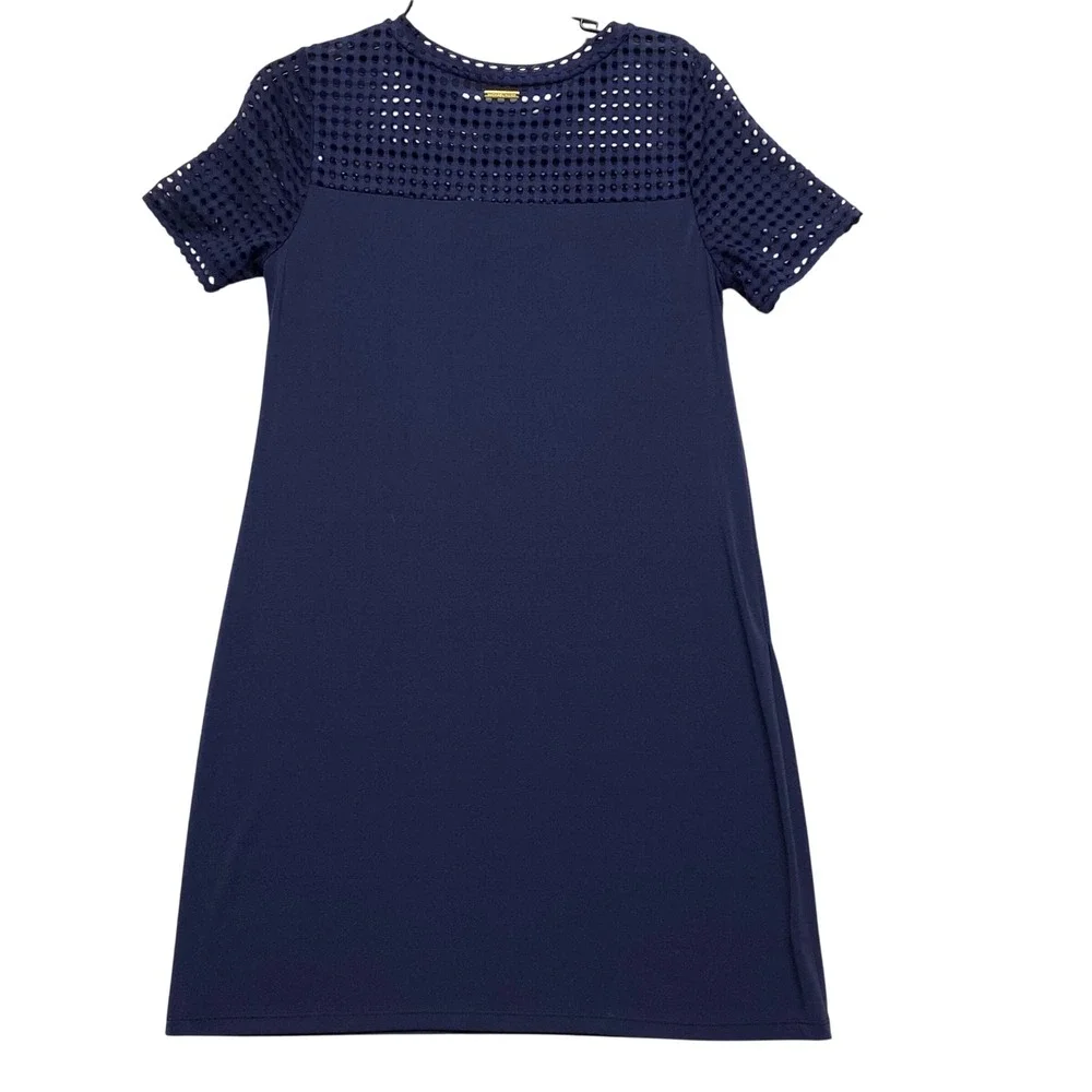Michael‎ Kors Navy Blue Eyelet Laser Cut Shift Dress Short Sleeve Crew Neck M